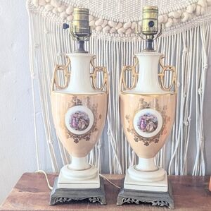 Pair of Vintage Porcelain Urn Lamps – Victorian Romantic Scene – Gold Accents